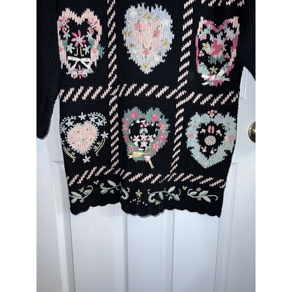 Vintage 90s Katie Lee Heart COTTAGECORE Knitted Tunic Sweater Embellished - Picture 3 of 12